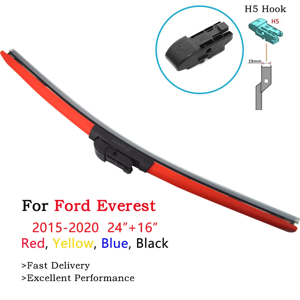 

2Pcs Colorful Windscreen Car Wiper Blades For Ford Everest 2015-2020 24"&16" Fit H5 Push Button Arm Red Yellow Frameless Wipers