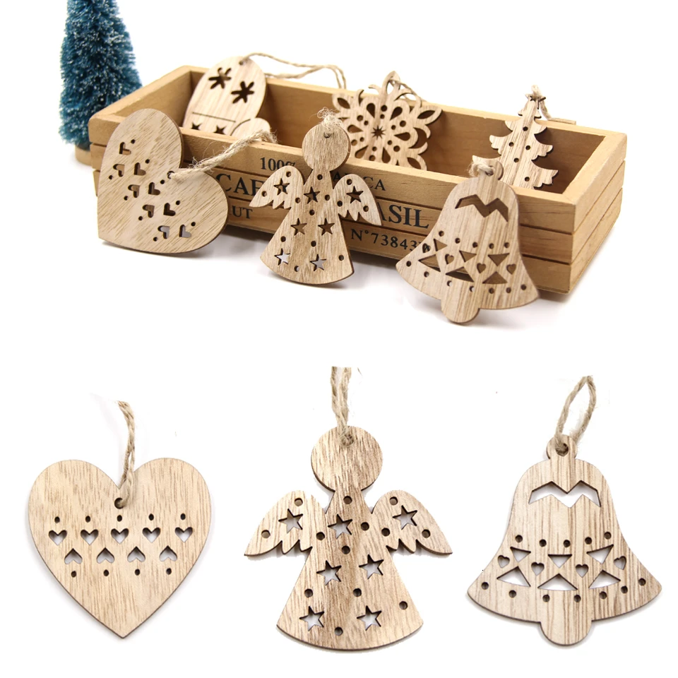 New!6PCS Cute Christmas Snowflakes&Deer&Tree Wooden Pendants Ornaments Christmas Party Decorations Xmas Tree Ornament Kids Gift