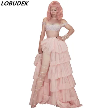 

Fashion Women Singer Concert Stage Wear Shiny Rhinestones Stretch Jumpsuit Pink Tailing Veil Long Skirt Bar Party Dance Costume