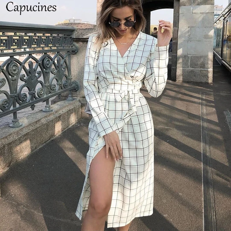 Женское клетчатое платье с запахом Capucines Элегантное летнее миди v образным