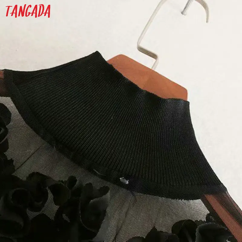 Tangada для женщин вышивка черная сетчатая Блузка Прозрачная Водолазка с длинным рукавом Женские Рубашки стильные женские топы CE138