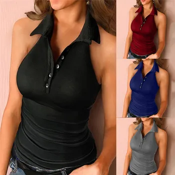 

Women Solid Black Turn Down Collar Elegant Sleeveless Buttoned Design Elegant Sexy Summer Tank Top Plus Size 5XL