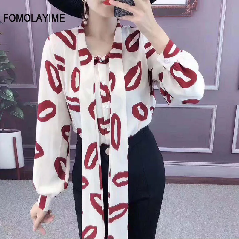 Women Blouses Осенние Рубашки; коллекция года; Модный пуловер с длинными рукавами и принтом с бантом на воротнике; блузка; рубашка - Цвет: Women Blouses