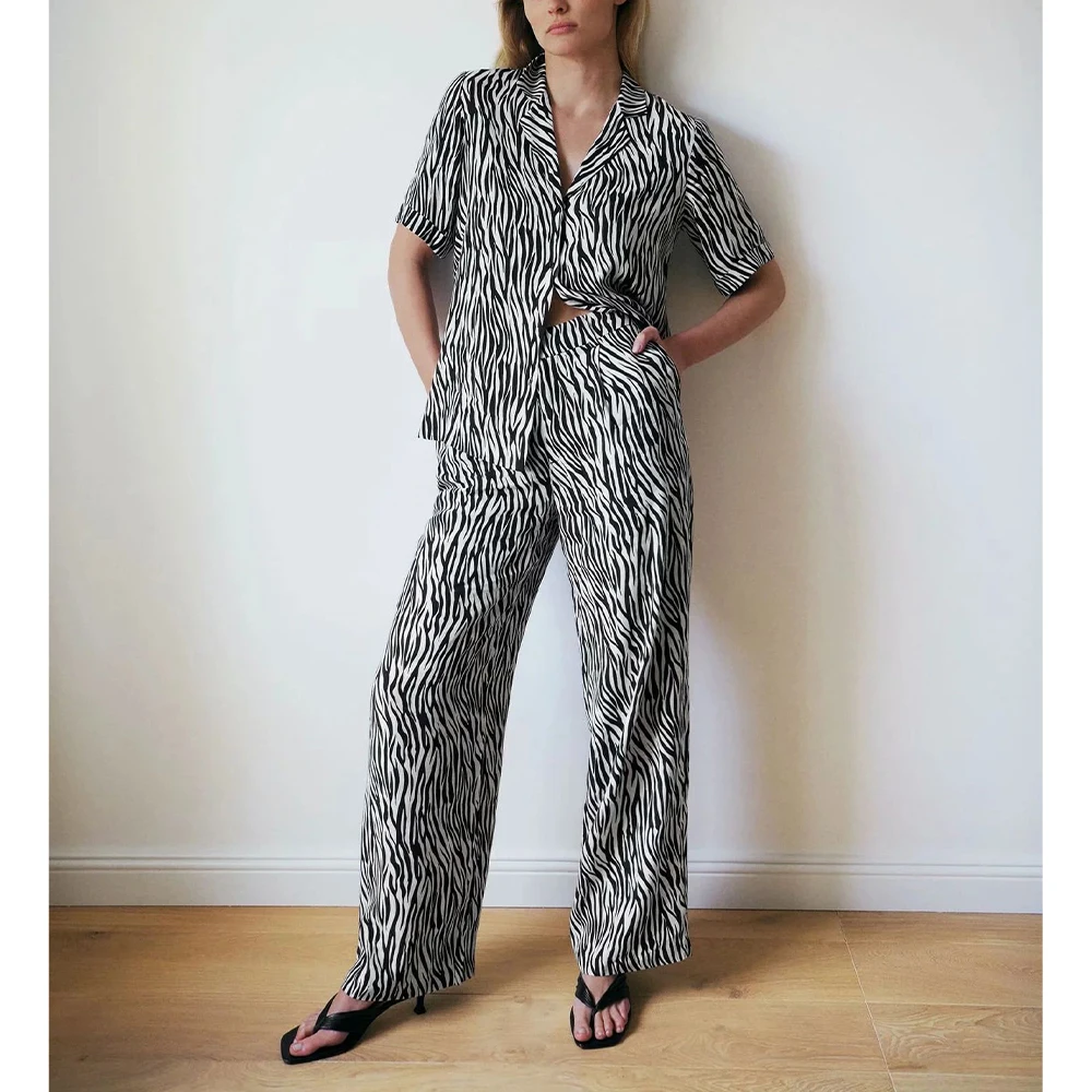 new summer suits women two piece set Zebra pattern short sleeves shirt blouse &amp trousers ensemble femme conjunto 2 piezas mujer | Женская
