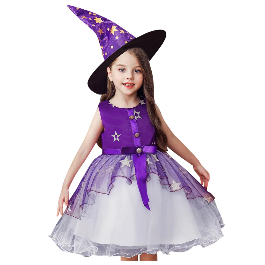 

Girls Halloween Dress Toddler Kids Floral Star Pattern Princess Party Tulle Dress+Hat Robe Princesse Enfant Fille 3Y-9Y HOOLER