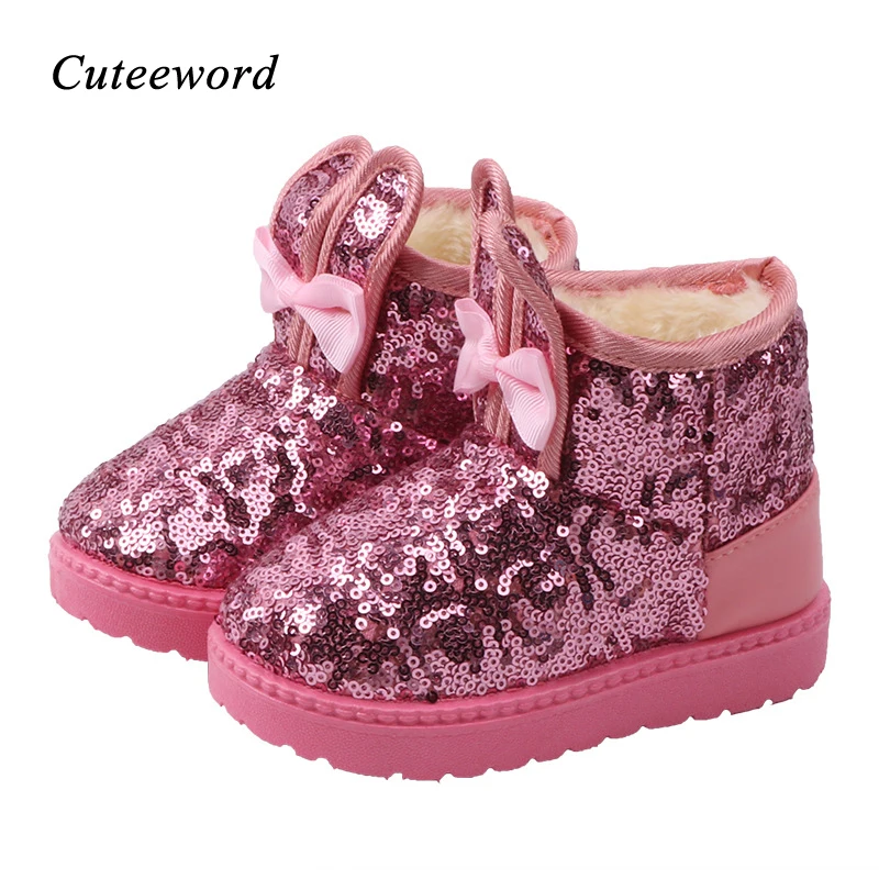 

2019 Winter New Children's Sequin Snow Boots Girls Plus Velvet Warm Kids Shoes Non-slip Soft Bottom Leather Girls Princess Boots