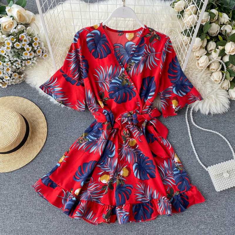 Women Floral Chiffon Rompers short sleeves Korean beach overalls bohemian loose casual summer wide leg pants playsuits G1375