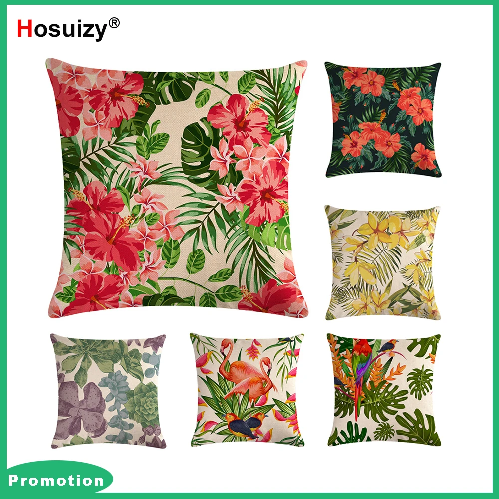 

Sofa Cushion Cover 45x45cm Linen Flowers Floral Tropical Green Leaves Pink Flamingo Square Throw Pillow Covers Decorative Home