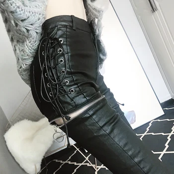 

2020 New Spring Women's Faux Leather Pencil Pants With Straps Zipper Decoration High Waist Fashion Black Trousers Skinny A4