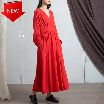 

Long Vintage Dress New 3 Colors Chinese Style Women Dresses 2020 Spring Cotton Linen New V-neck Loose Solid Color
