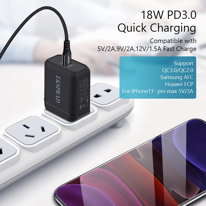 Eksprad для iphone быстрое зарядное устройство USB C к Lightning Кабель 18 Вт PD USB C настенное зарядное устройство Тип c Быстрая зарядка США Разъем для iphone 11 Pro