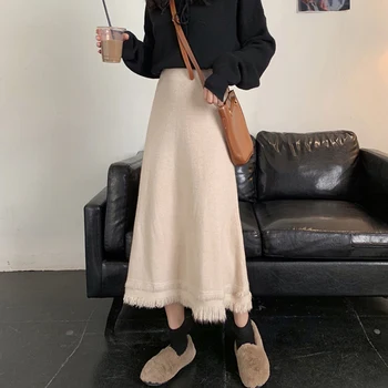 

WERUERUYU 2020 Elastic Band Knit Skirts Womens Long Large Size Autumn And Winter High Waist Maxi