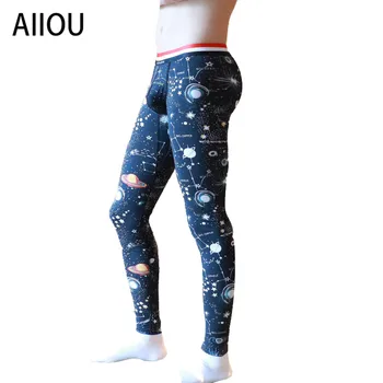 

AIIOU Men Thermal Underwear Fashion Printed Winter Pants Warm Pants Slim Leggings Brushed Men male Long Johns Thermal Underwear