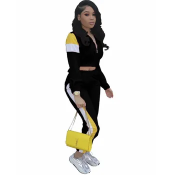 

New fall north American style sexy fashion patchwork collar women's patchwork sports color contrast casual suit sports suit