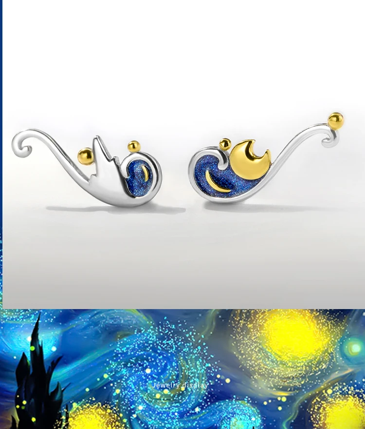 Thaya 925 серебряные серьги Ван Гога, блестящие золотые серьги-гвоздики с Луной и звездой, богемные винтажные эмалированные вечерние ювелирные изделия для женщин