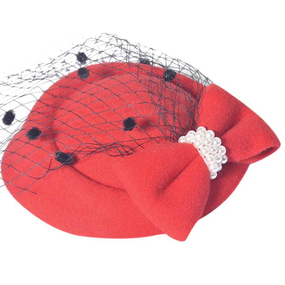 Женская Pillbox шляпа модный лук чародей шляпа головные уборы с свадебная фата вечерние церкви - Цвет: Red