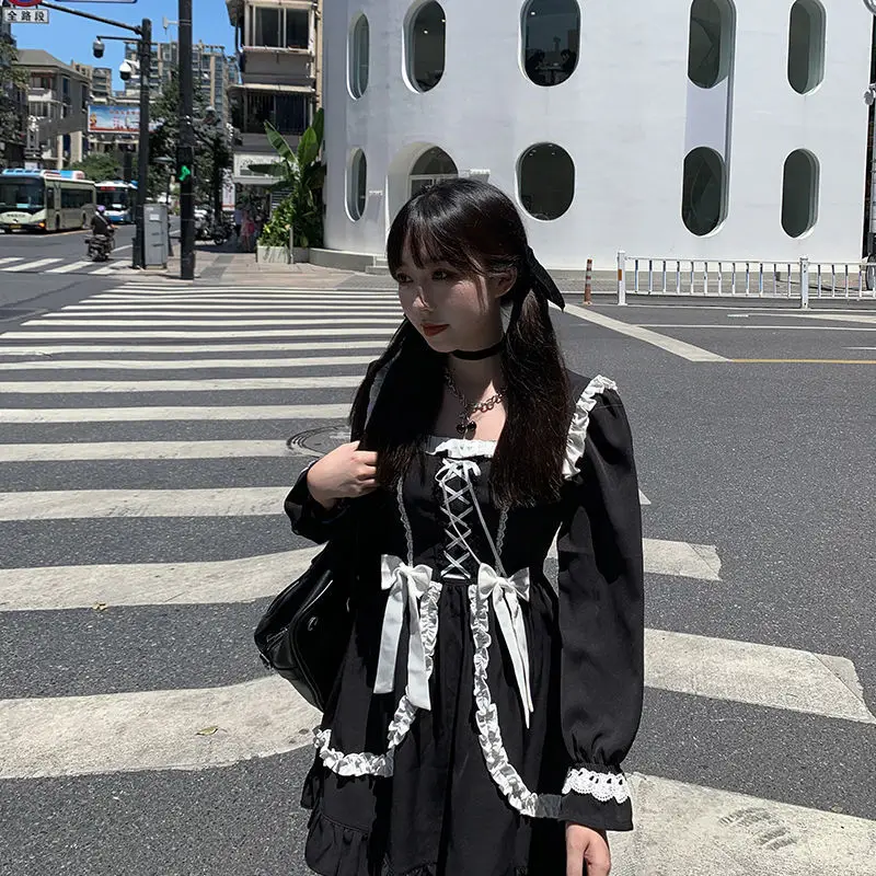Lolita Costume Japanese Maid Cosplay Black and White Patchwork Anime Bow Tie Ruffle Mini Dress Loli Clothes Halloween Party CLub