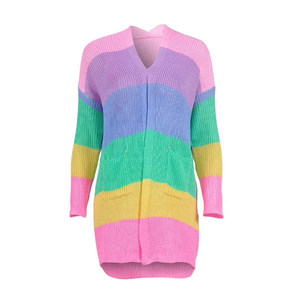 Cardigan Women Plus Size Womens Patchwork Long Sleeve Rainbow Stripe Cardigan Tops Sweater Coat Sueter Mujer Invierno