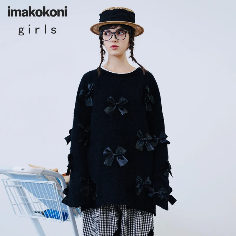 imakokoni original black bow sweater female autumn