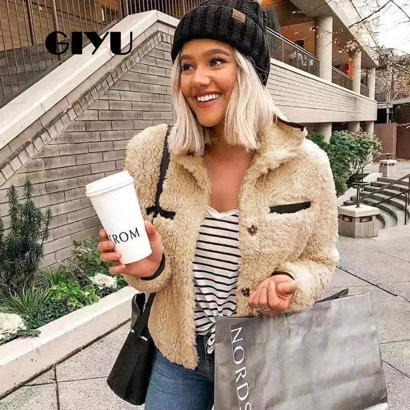 

GIYU Winter Teddy Long Sleeve Vintage Jackets Buttons Turn-down Collar Women Faux Fur Coat Casual Single Breasted chaqueta mujer