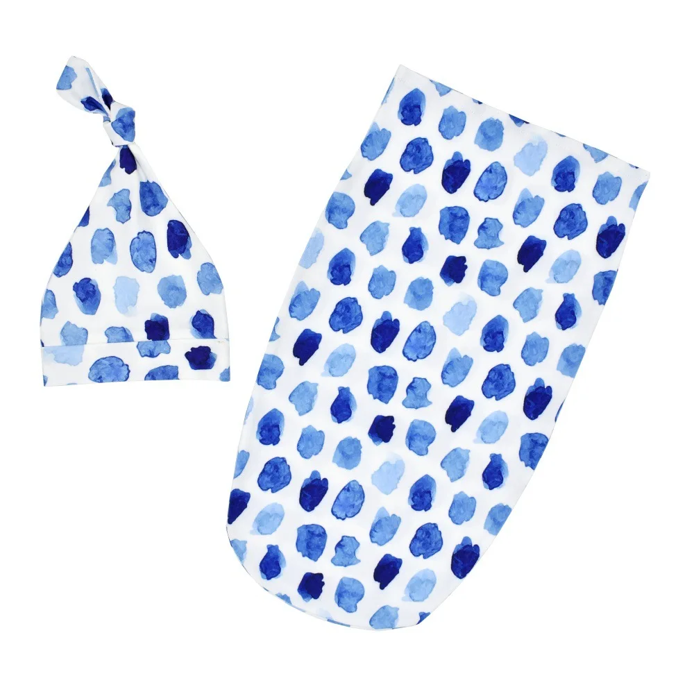 Blue Dots Детские постельные принадлежности, Пеленальное Одеяло для новорожденных, пеленка-мешок, пеленка-кокон для младенцев, спальный мешок с подходящим верхом, шапочка с узлом - Цвет: Blue Dots