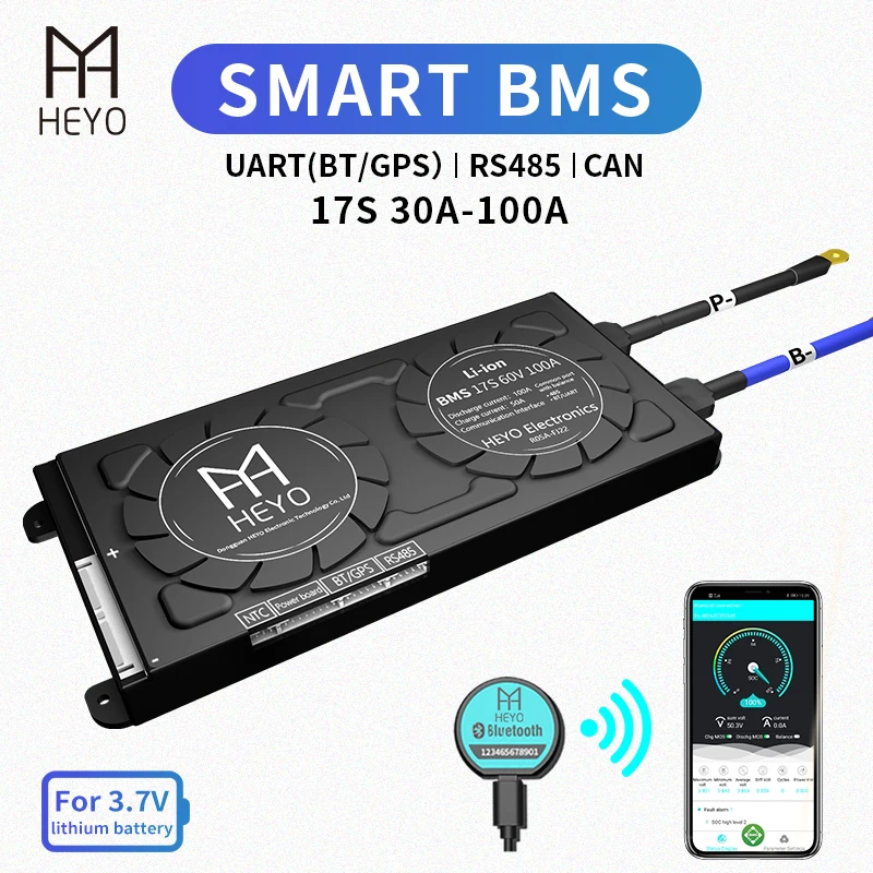 HEYO Smart BMS Li Ion 17S 60V 30A 40A 60A 80A 100A Bluetooth BT APP GPS UART RS485 CAN USB устройство NTC батарея e
