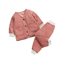 Зимнее утепленное пальто комплект для маленьких мальчиков и девочек, утепленное пальто с длинными рукавами, Верхняя одежда Топы+ теплые штаны, брючный костюм, комплект