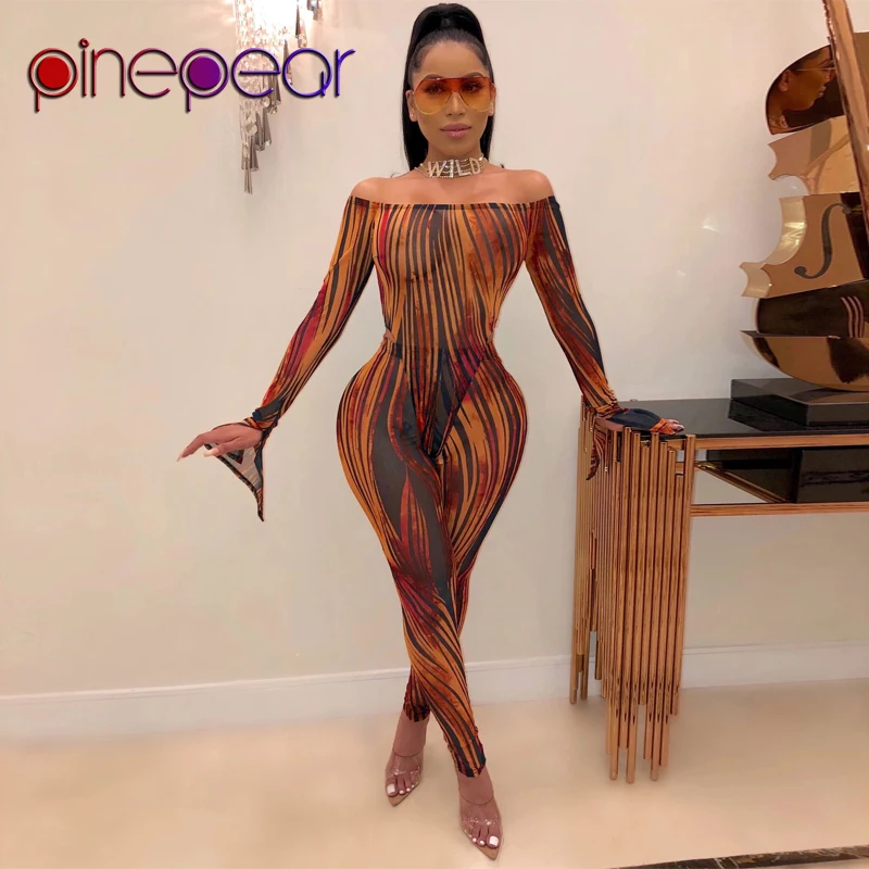 

PinePear Print High Cut Bodysuit and Pants Women Two Piece Set Long Flare Sleeve Off Shoulder Winter Jumpsuit 2020 Dropshipping