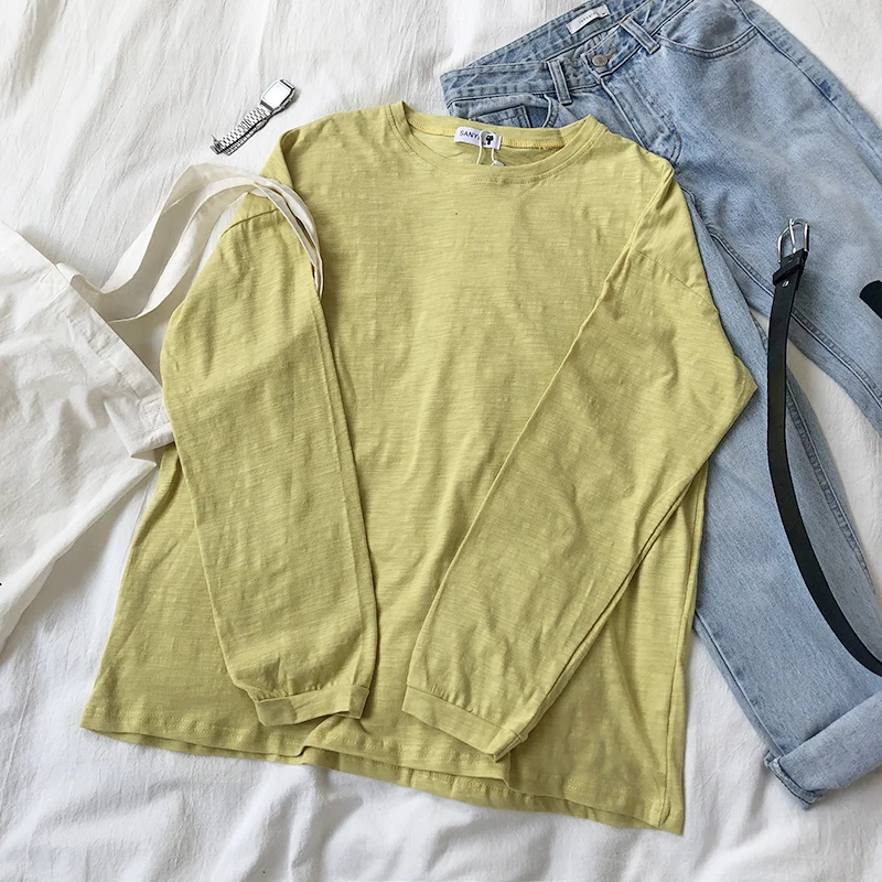 

Early Autumn Long Sleeve T Shirt Frivolous Fund Solid Color Concise Easy Thin All-match Comfortable Lining Round Neck Tee