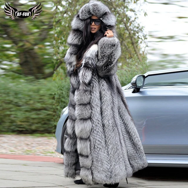 Luxury Winter Women Long Real Silver Fox Fur Coat With Big Hood Thick Warm  Wholeskin Genuine