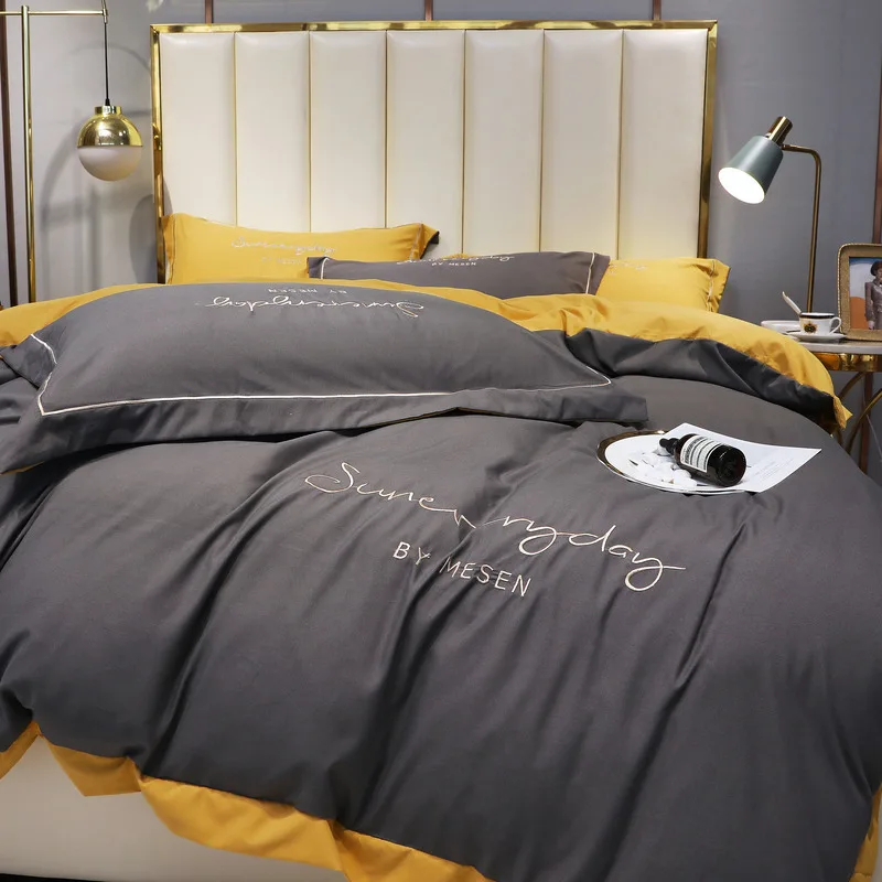 Современный стиль стираный хлопок 4 шт. кровать пододеяльник плоский простыня наволочка серый желтый Bean паста белый зеленый queen
