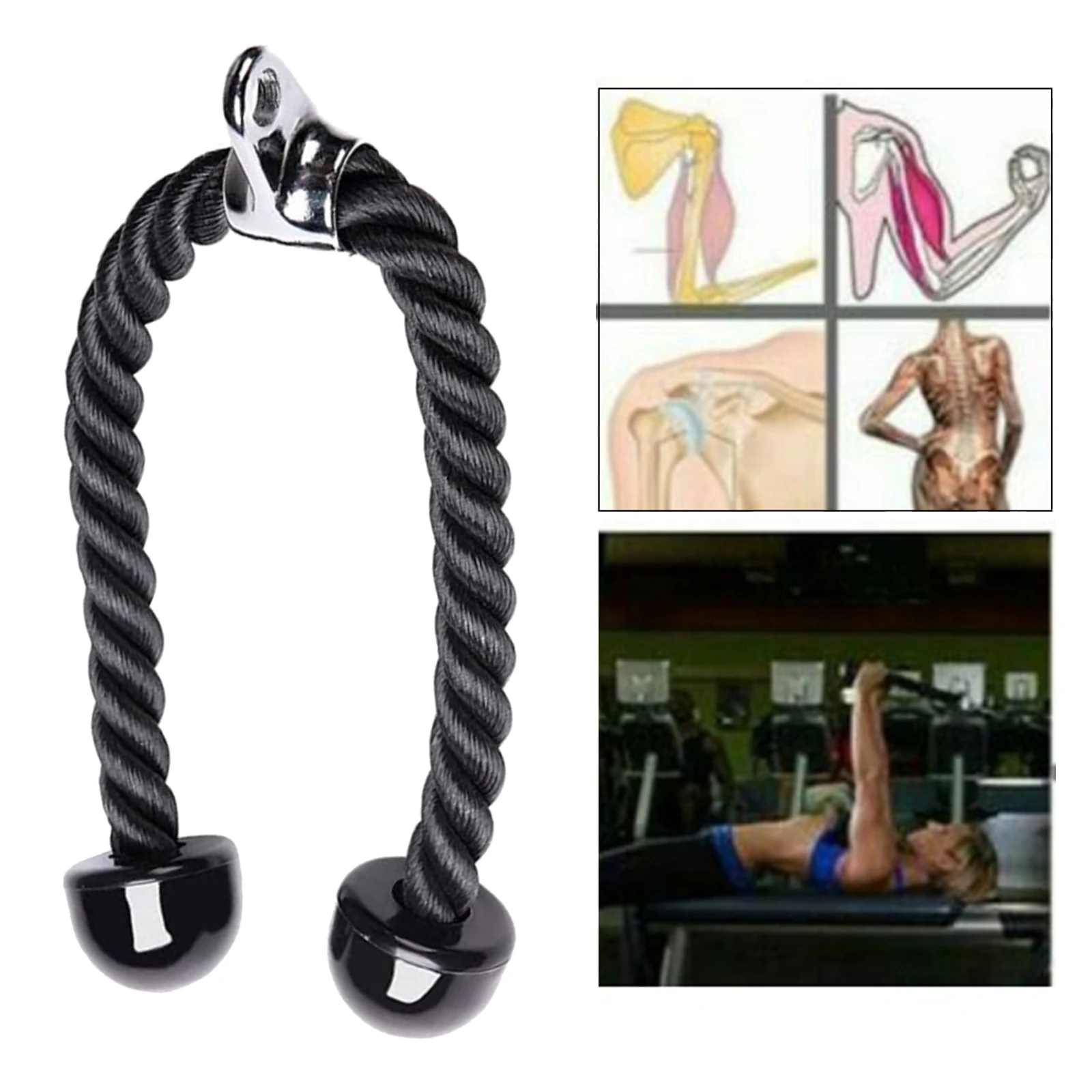 Strong Nylon Triceps Rope 27`` LAT Pull Down Rope Non-Slip Handles Replacement for Lats, Biceps, Triceps Multigym Attachment