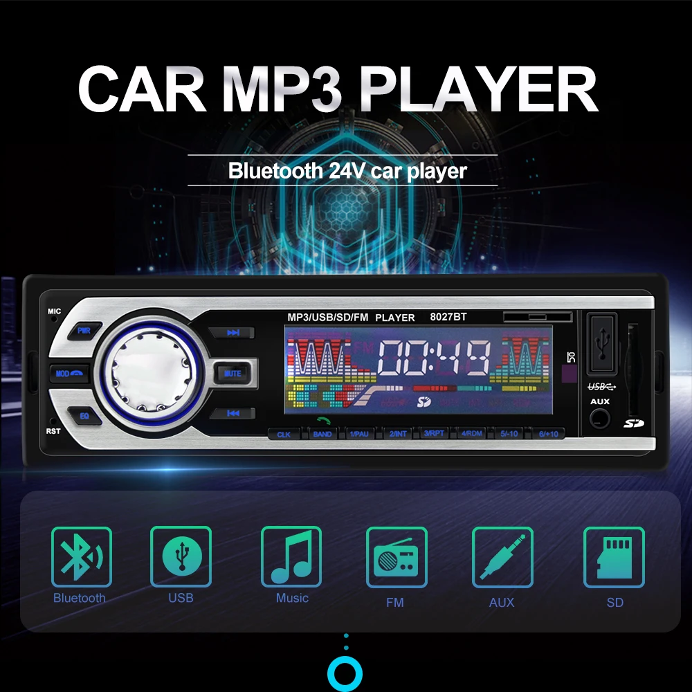 For 12V and 24V Autoradio car Audio Player 1 DIN Car Radio Kits Stereo FM Tuner Bluetooth AUX