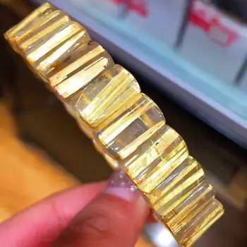 

12x8mm Natural Gold Rutilated Quartz Bangle Bracelet For Women Lady Men Crystal Rectangle Beads Wealthy Stone Fine Jewelry AAAAA