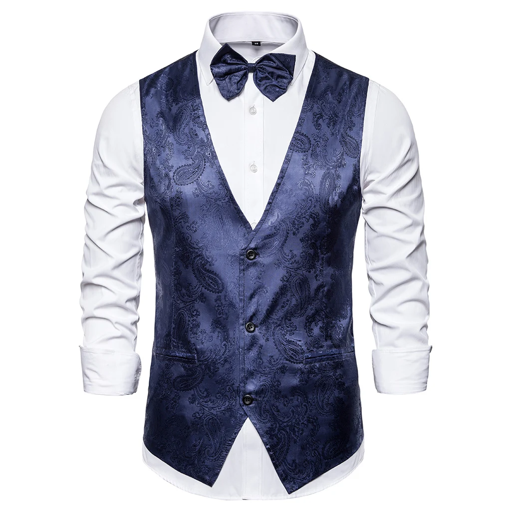 

Puimentiua Men's vest suit vest Slim business solid color sleeveless vest with bow print single-breasted suit vest 2019