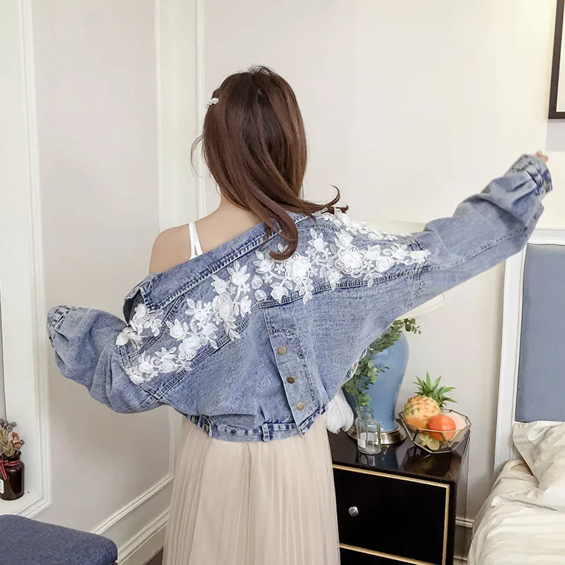 Greatest  2019 Spring And Autumn New Style Korean-style Stereo Flower Embroidered Jacket Loose Bat Sleeve Cow
