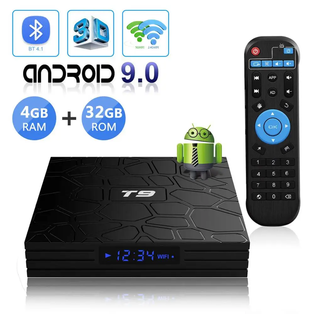 

TV Box Android 9.0 T9 RK3318 Smart Set-top Boxes 2.4G&5.8Ghz Dual Band Wifi Meida Player 4K Ultra HD TVBOX Home 3D Movie Theater
