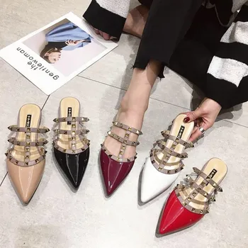 

Women Flat Slippers Slip On Mules Brand Designers Nice Fashion Luxury Rivet T-strap Slides Slip On Loafers Mules Flip Flops