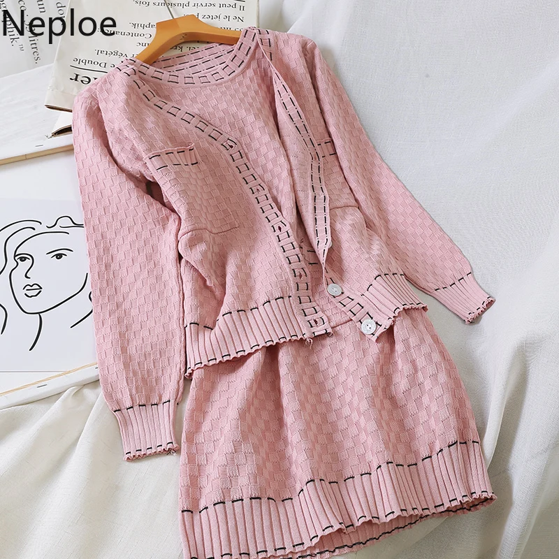 

Neploe Elegant Sweet Women Sets Small Fragrance O Neck Knit Dress Loose Striped Sweater Cardigan Autumn Conjuntos De Mujer 45999