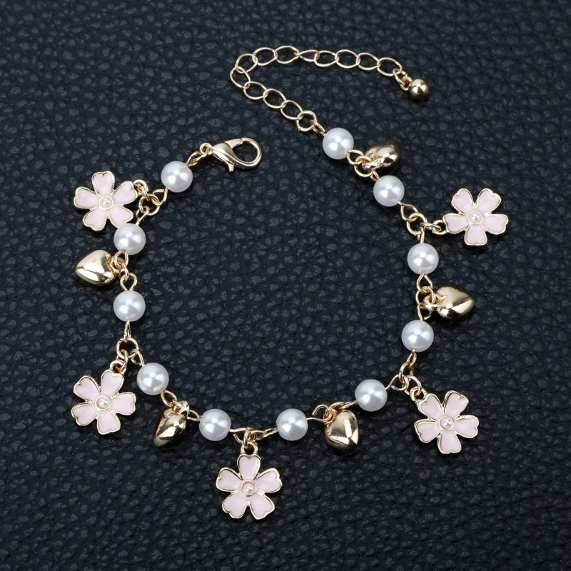 DIY Jewelry Fashion Pink Cherry Blossom Crystal Charm Sukura Cherry Flower Pendant Pearl Bracelets Gift For Women Girl