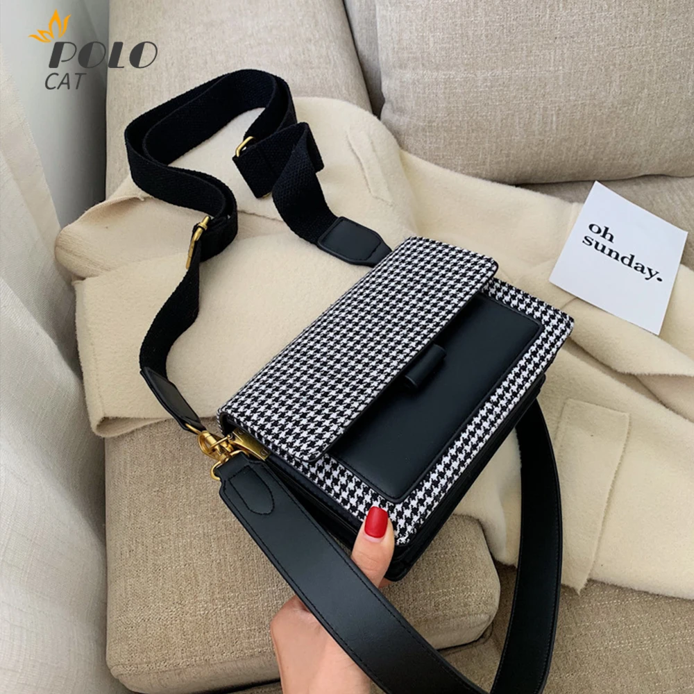 

Crossbody Bags For Women 2020 New Arrival Flap Bag Houndstooth Wide Nylon Strap Shoulder Messenger Bag Womens Purses