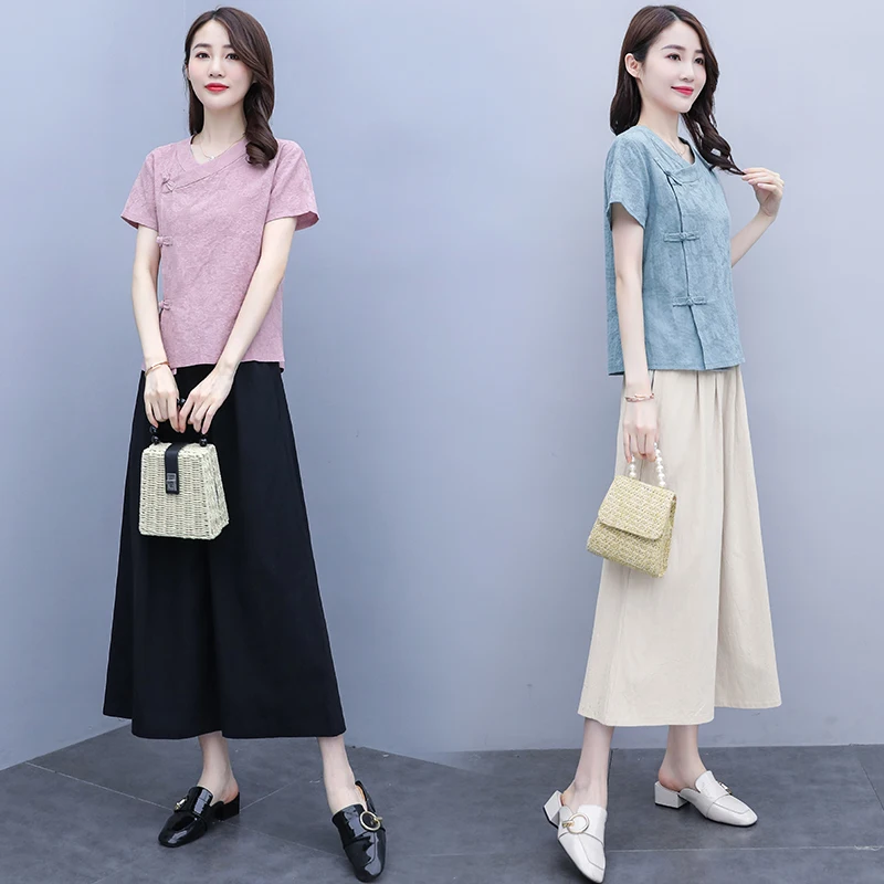 

sets for women summer 2020 New Fashion Casual Two-piece Set Female short sleeve top wide leg pants suit V-neck cotton and linen