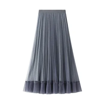 

Pretty Women Ladies Long Skirt WF0061 Black Pink Grey jupe femme Spring Summer Pleated Tulle Skirt Womens Clothes