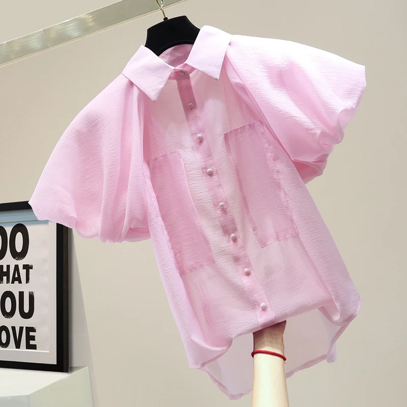 

2020 Korean-Style Short Sleeve Sunscreen Shirt Summer Fashion Temperament Puff Sleeve Casual All-match Chiffon Blouse Blusas Top