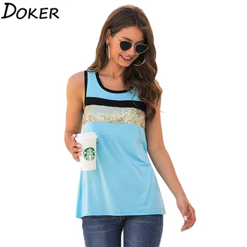 

2020 Summer Sequins T Shirt O-neck Sexy Sleeveless Top Women Plus Size Fashions Streetwear Tshirt Womens Casual Tee Shirt Femme