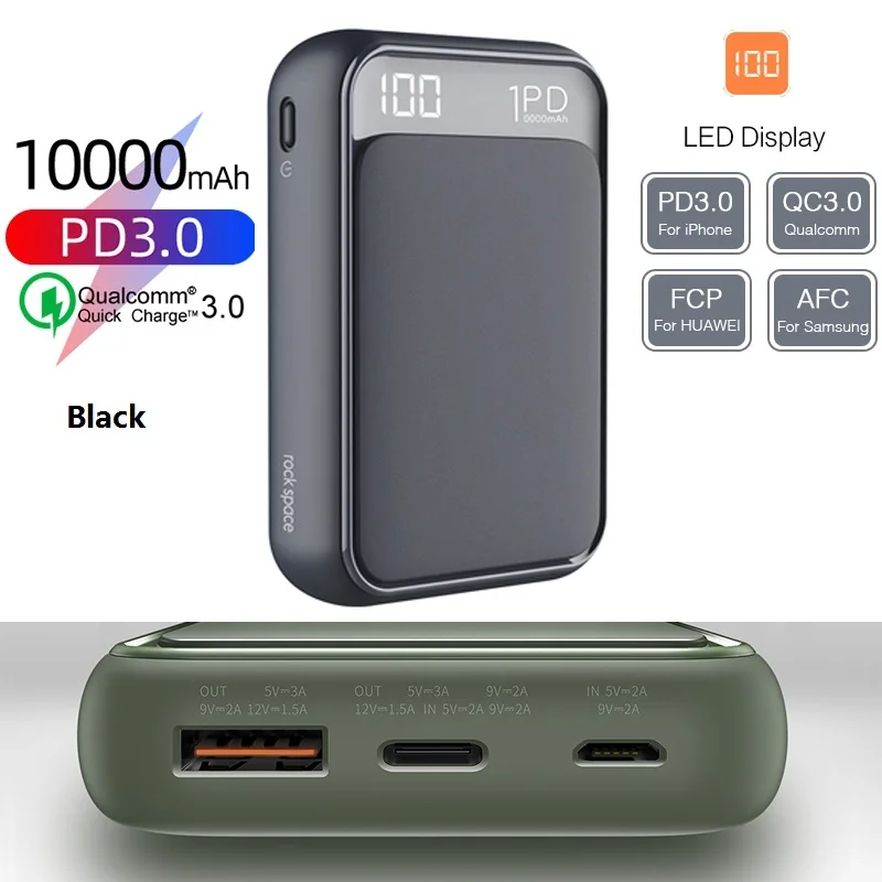 P65 Black Рок Led mi ni Мощность Bank 10000 mAh Портативный внешний Батарея тонкий повербанк для iPhone X 8 7 6 samsung S8 S9 Xiaomi mi Мощность банк - Цвет: P65 Black