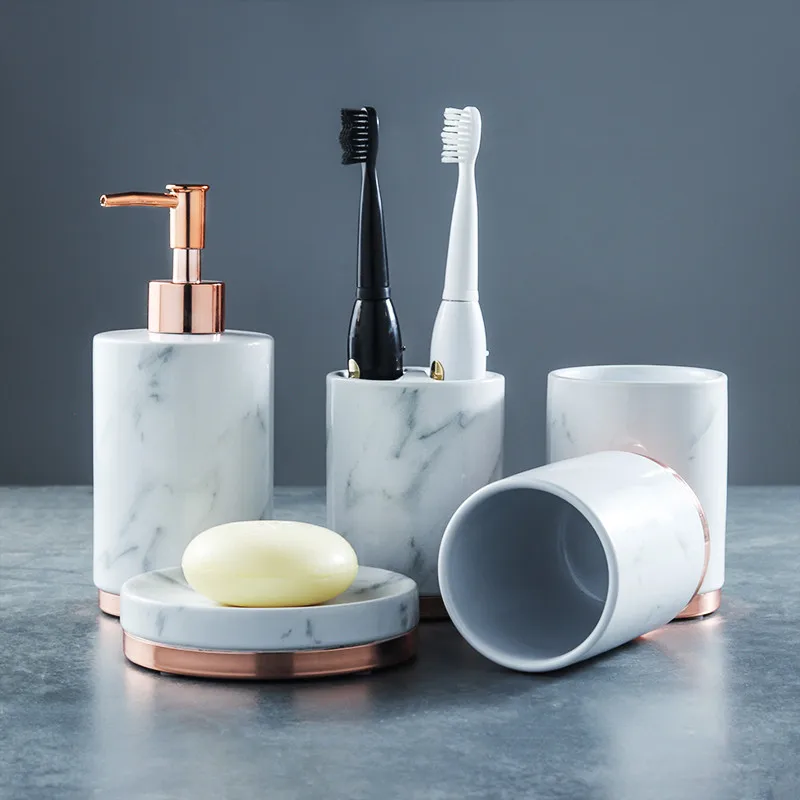 Ceramic Bathroom Accessories Set Soap Dishes/Dispensers Toothbrush Holder & Gargle Cups Wedding Gifts White & Gold Marbling