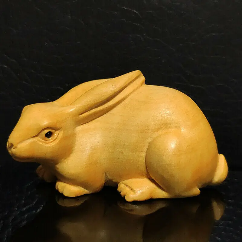 2-Дюймовая резная вручную скульптура Netsuke миниатюрный кролик с длинными ушками-#