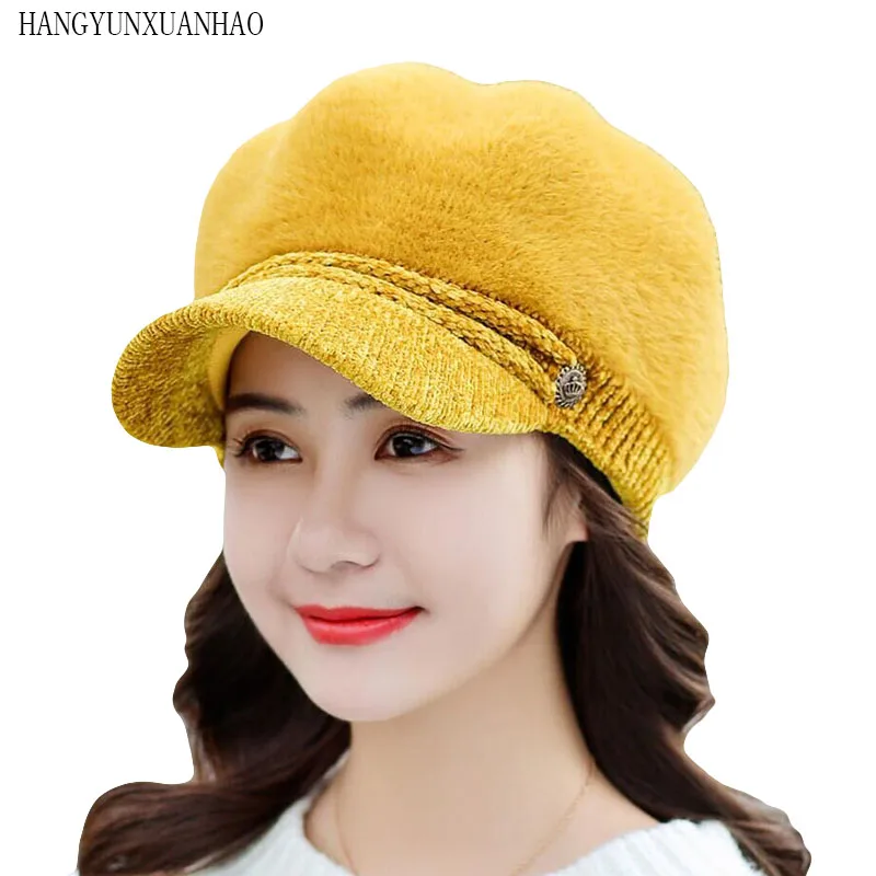

Fashion Cute Fluffy Women Beret Hat Winter Warm Knit Cotton Hat Cap with Visor Ladies Rabbit Fur Knit Super Wool Beret Hat