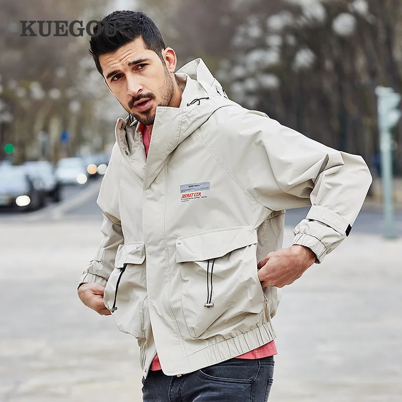 KUEGOU Polyester Men's jacket spring autumn South Korean style fashion printing hooded jacket man's coat top KW-9054 KUEGOU Polyester Men's jacket spring autumn South Korean style fashion printing hooded jacket man's coat top KW-9054